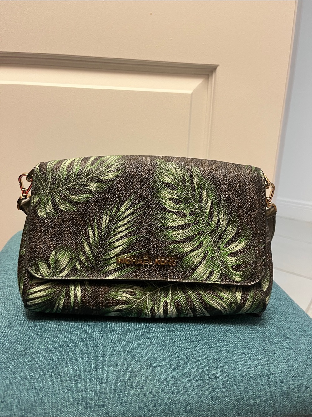 Michael Kors Green Palm-Print Crossbody with Gold Logo